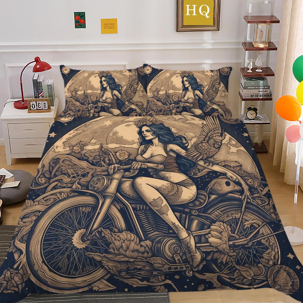 3D Dark Beauty Motorcycle Printed Bedding Set Beauty Skull Head Duvet Cover 2/3 Pieces AU180 * 210 Super Big Bed Room Quick Drying Home Decoration