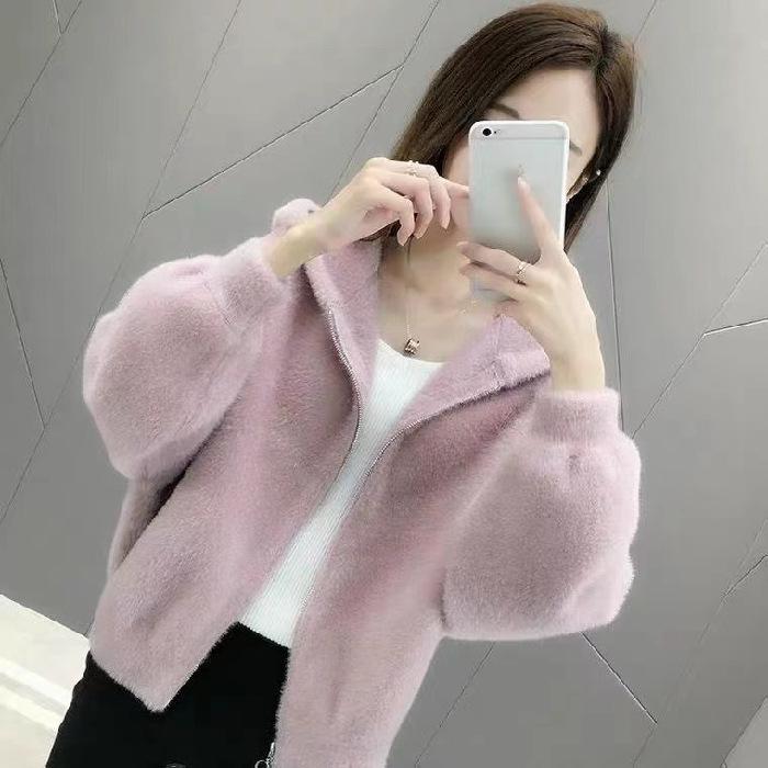 Women's Trendy Faux Mink Long Sleeve Knit Cardigan, Korean Style - Versatile & Fairy-Inspired for Autumn & Winter