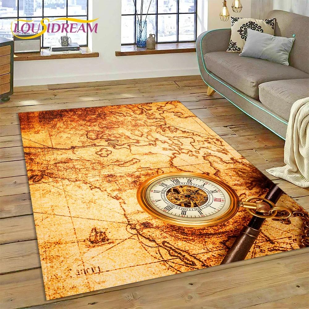 3D Oude Zeekaart Wereldkaart Kompas Tapijt Tapijt voor Slaapkamer Woonkamer Bank Decoratie, Kinderspel Grote Decoratieve Vloermat