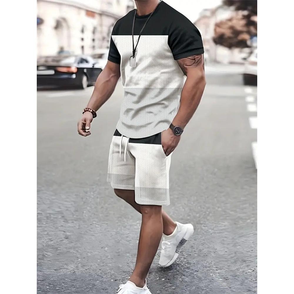 Boutique Men's Summer Casual Sports Short Sleeve Suit Simple Splicing Printed Round Neck T Shirt Drawstring Pocket Shorts Suit