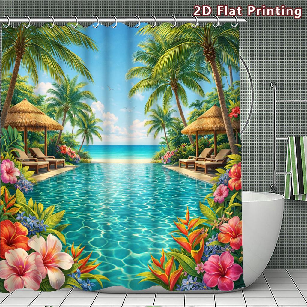 4Pcs Shower Curtain Set with Non-Slip Bath Mat, Toilet Lid Cover, Contour Rug & 12 Hooks, Bathroom Decor
