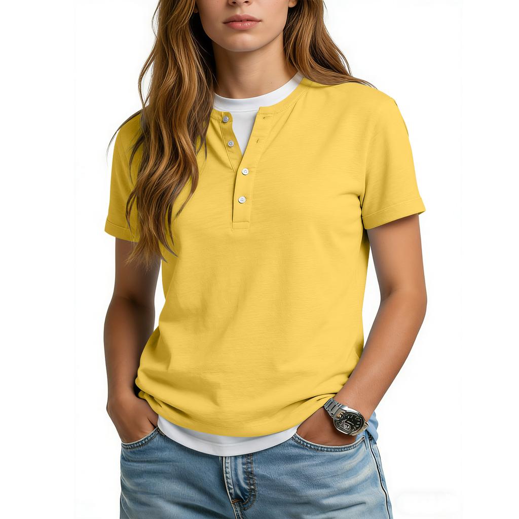Women's Casual Color V,neck Short,sleeved T,shirt With Decorative Buttons.