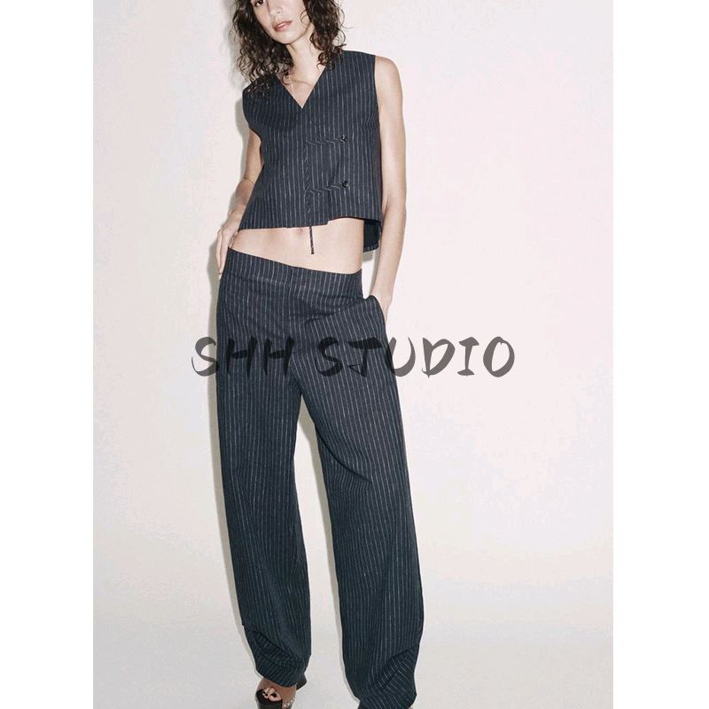 Linen Blended Stripes V Neck Sleeveless Vest Waistcoat 3620530 Balloon Casual Pants 3564530