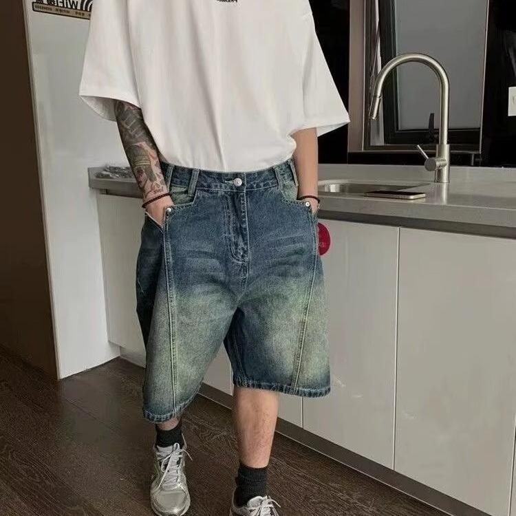American Retro Casual Washing Design Denim Shorts Men's Old Splicing Versatile High Street Five-point Pants Summer