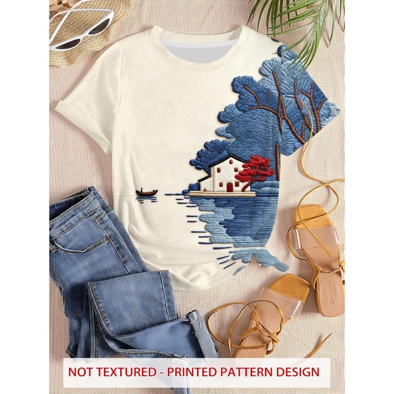 Women s round neck short sleeve printed top S