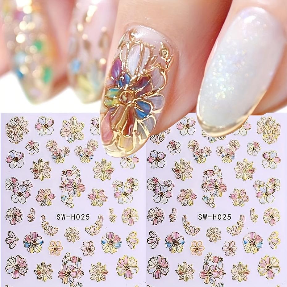 5D Nail Stickers Glitter Golden Dasiy Flowers Geometric Lines Decor Acrylic Embossed Sliders Golden Frame Spring Nail Decals Cherry Blossom Manicure