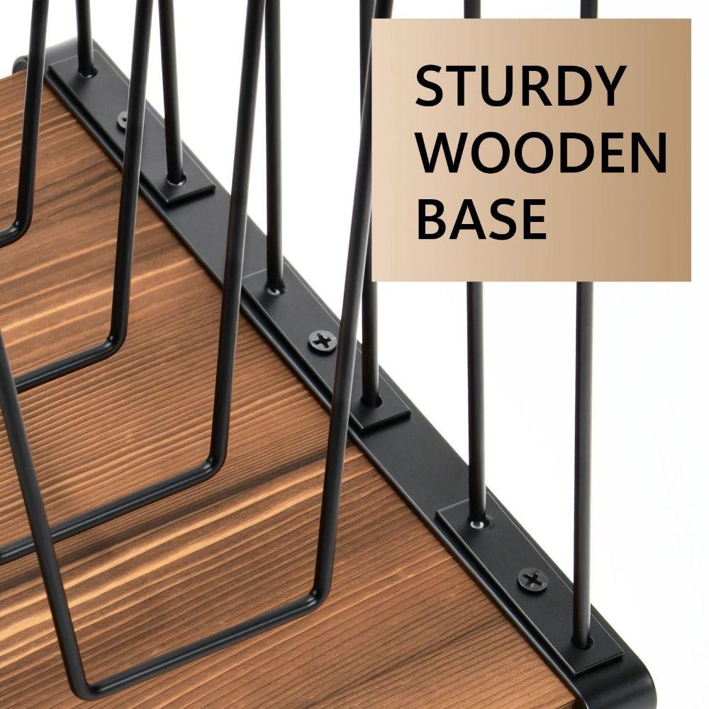 5-Section Inclined Desk File Organizer with Wooden Base Space Saving Metal File Sorter Rack Vertical Multifunctional