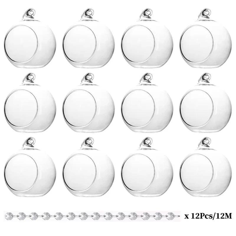 6/12Pcs Hanging Candle Holder Glass Globes Orbs with Crystal Bead Garland Tea Lights Candles Holder for Wedding Party Tree Decor