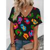 Womens V-Neck Short Sleeve T-Shirt With Leopard Print 3D Effect Colorful Ink Loose Fit Casual Office Wear