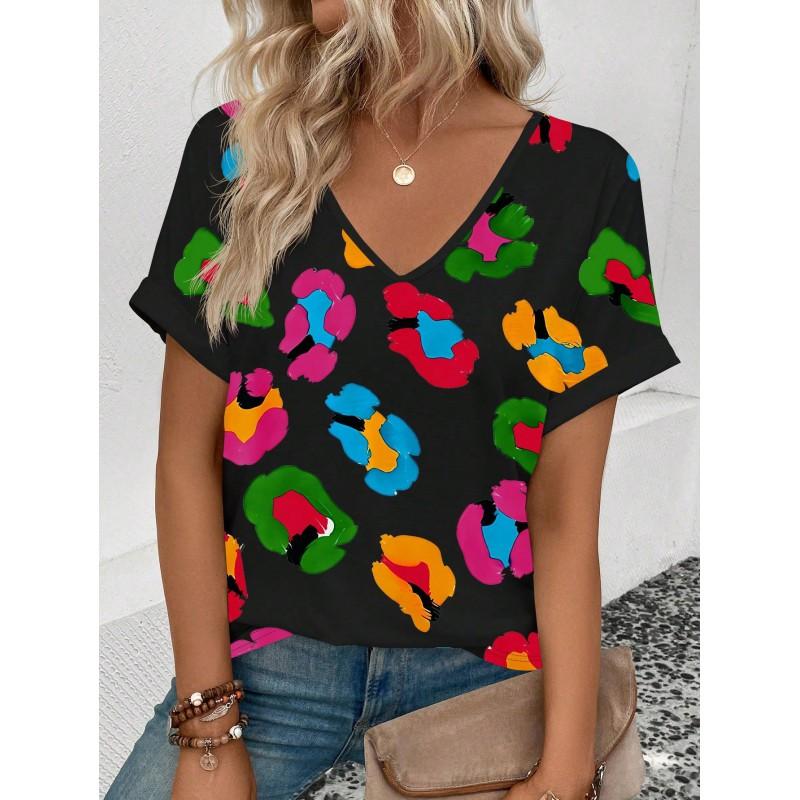 Womens V-Neck Short Sleeve T-Shirt With Leopard Print 3D Effect Colorful Ink Loose Fit Casual Office Wear