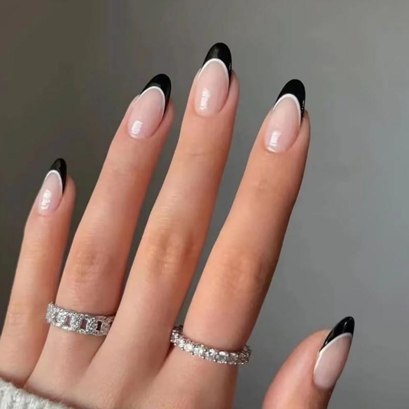 Black White French Tip Press-On Nails Minimalist Style Self-Adhesive Nail Tips Daily Wear