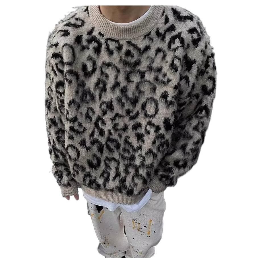 Unisex retro pletený svetr s leopardím vzorem: Hipster Cool Svetr s kulatým výstřihem a plyšovým mořským koníkem