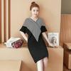 Damen V-Ausschnitt Kurzarm Midi-Kleid Lockerer Schnitt Mittlere Taille Lässiges Gestreiftes Patchwork-Kleid