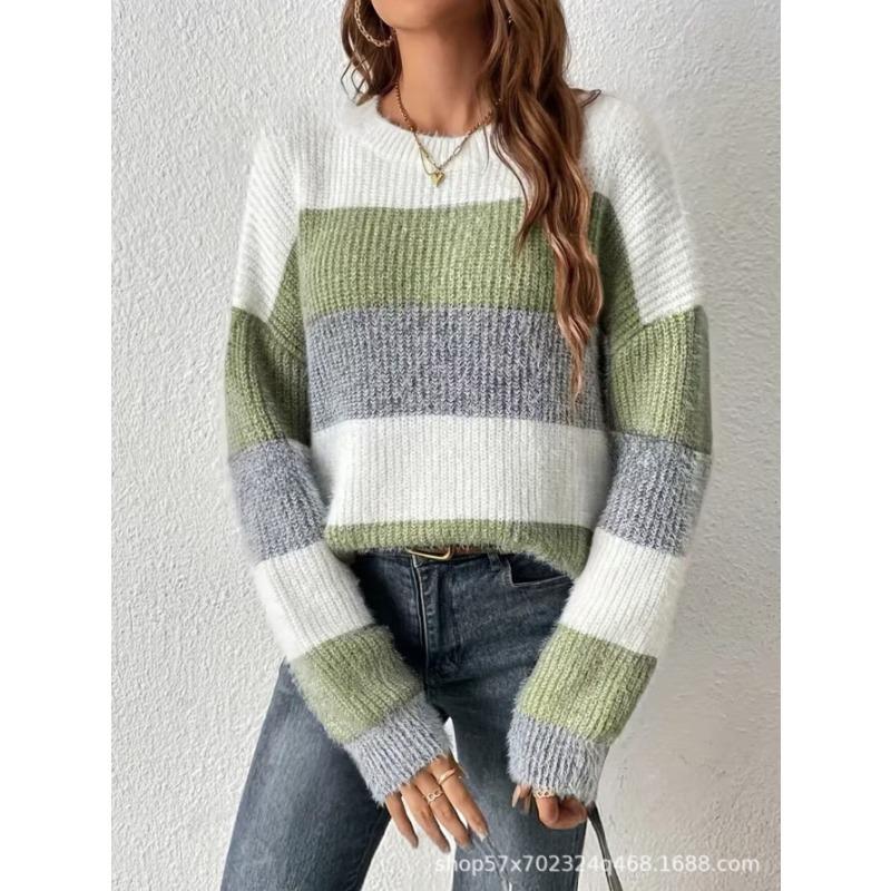 Pull Tricoté Casual Rayé Lâche Col Rond Manches Longues Style Français pour Femme