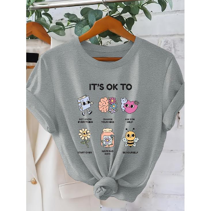 Self-Acceptance Statement for Women T Shirt | “It's OK To” Cartoon Illustration, Psychological Healing Style, Round Neck, Short Sleeves| Casual