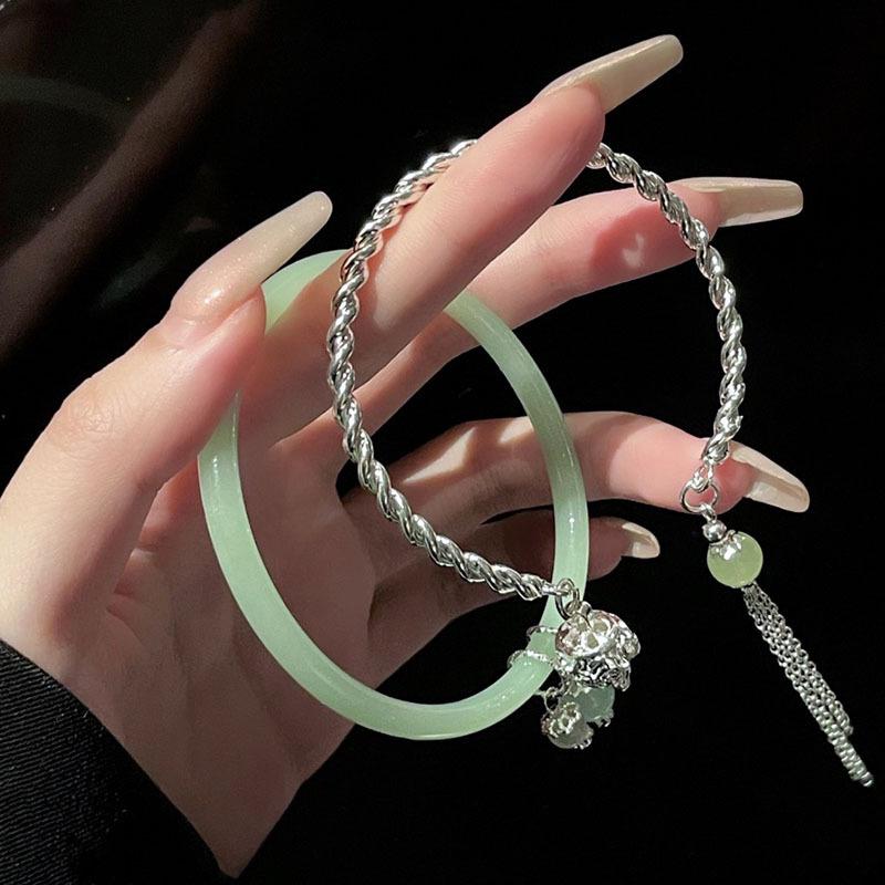 Simple  Green Bangle Tassel Double Spell Silver Opening Adjustable Bracelet For Women Vintage Jewelry Gifts