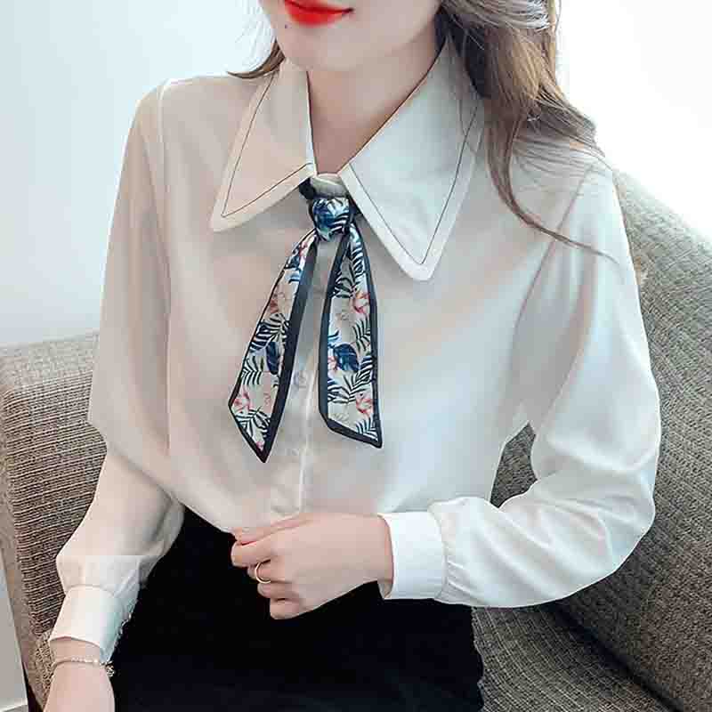 

Autumn Fashion New 2024 Long Sleeve Lace Up Turn Down Collar Office Lady Blouse Shirt Women Tops Blouses Shirts J547 S белый