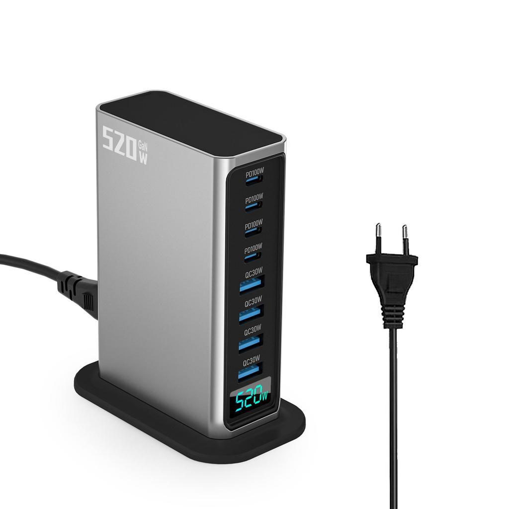 High-End 520W GaN-Ladegerät: Schnelle 8-Port-Desktop-Station mit KI-Digitalanzeige