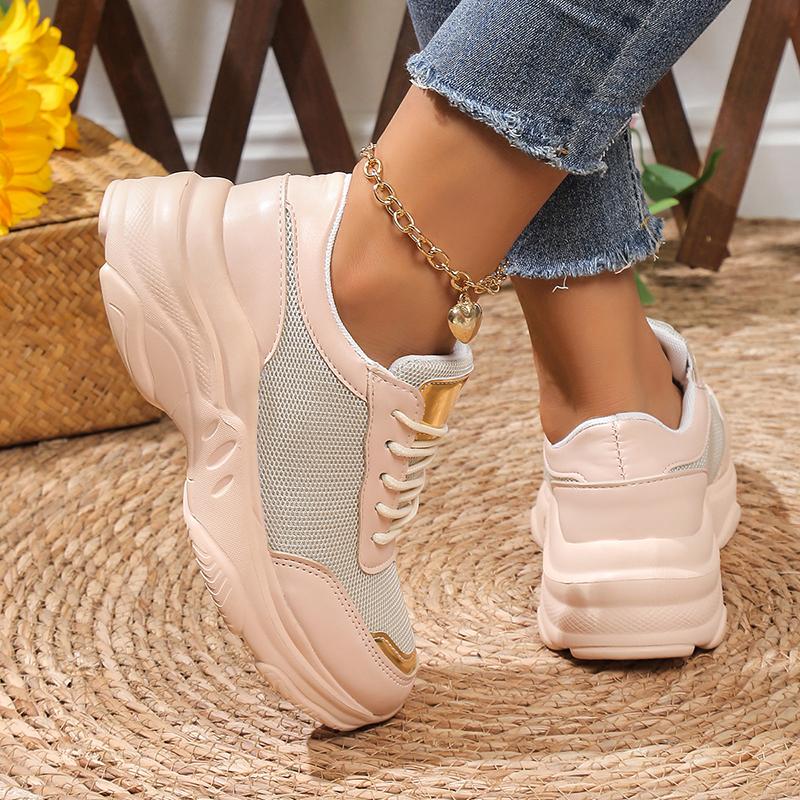 Fashion Spring Breathable Mesh Platform Sneakers Women Flat Heels Non-Slip Sports Shoes Ladies Lace-Up Soft Sole Casual Shoes Female