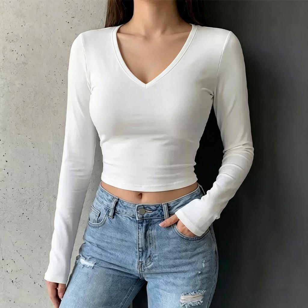 Women's Slim Fit V-Neck Long Sleeve T-Shirt Versatile Cropped Top for Everyday Wear