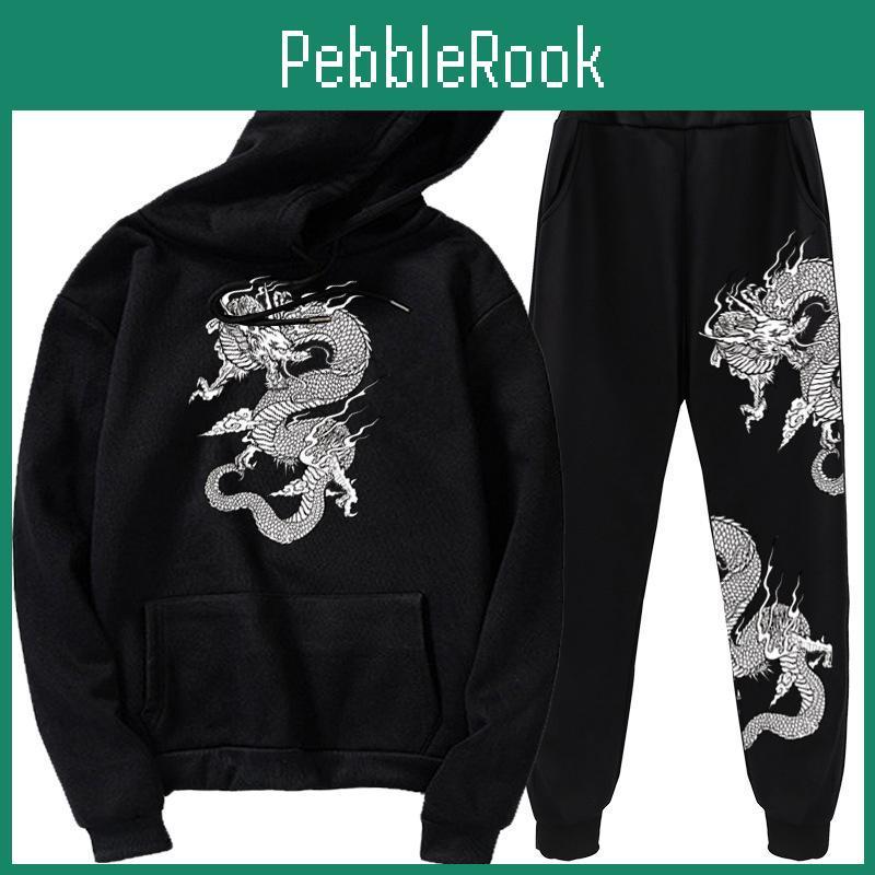 Casual Set Fleece Two Piece Tracksuit Dragon Oversized Hoodie Suit Dragon Plus Velvet Sweatshirt Jacket Hoodies