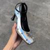Fashion French Style Metallic Square Head Sexy Small Leather Shoes With Flat Heel And Single Button Buckle Elegant Thick High Heel Shoes