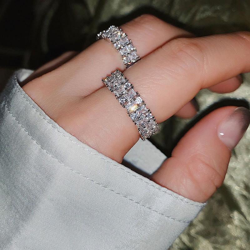 Korean Style Elegant Adjustable Silver Finger Ring With Sparkling Diamonds Women For
