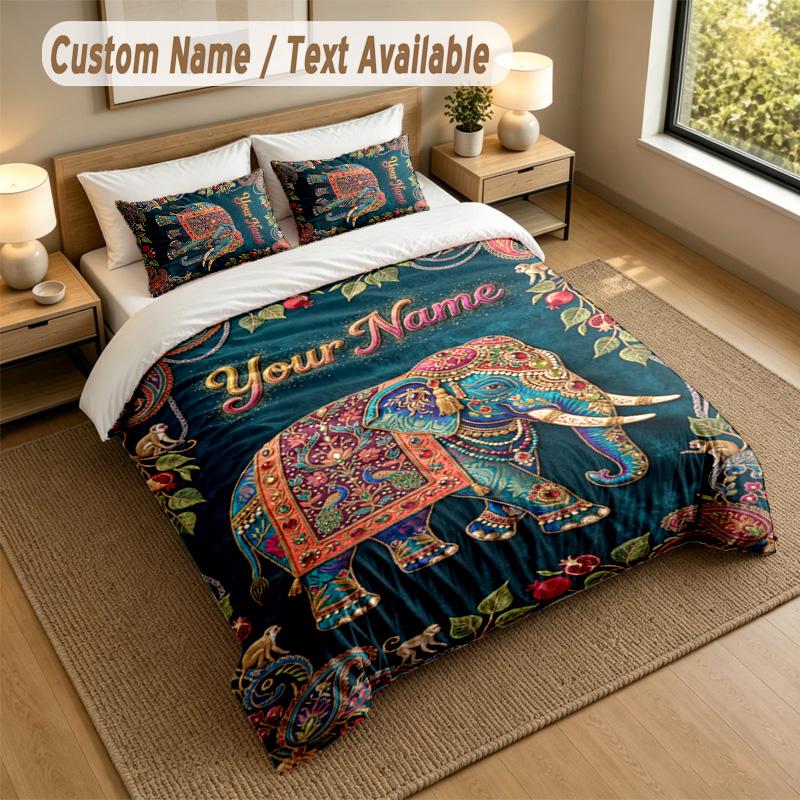 Elephant Theme Personalized 3Pcs Bedding Set Custom Text & Name 1 Sheet 2 Pillowcases Household Bedding 1pc