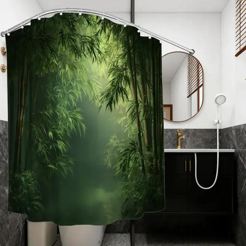 Bathroom Shower Curtain Bamboo Forest Print 3D Nature Scene With 12 Hooks Spa Wellness Decor Home Bathroom Accessory