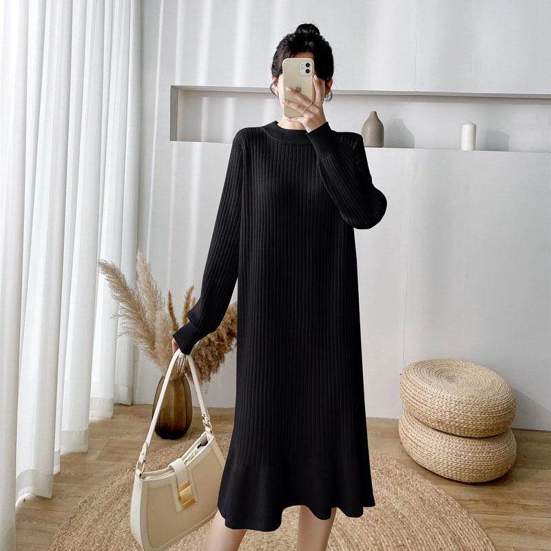 Fungus Edge Pit Strip Sweater Skirt Autumn and Winter Round Neck Medium and Long Loose Large Size Casual New Knitted Bottoming Dress