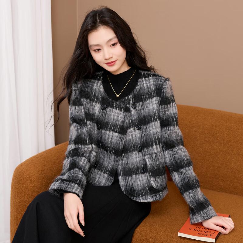 

Sancai 2025 Winter Plaid Double-Breasted Short Wool Blend Coat XL