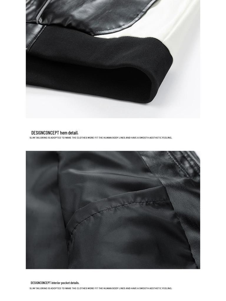 American Style PU Leather Men's Retro Motorcycle Jacket - Stand Collar, Color Block, Spring/Autumn Coat