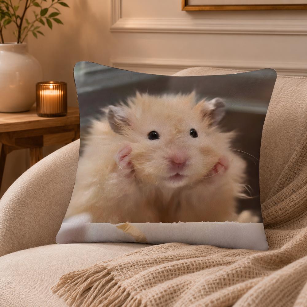Funny Hamster Meme Cute Cushion Cover Anti-dustmite Pillowcase Invisible Zipper Silky Short Plush Sofa Cushion Cover