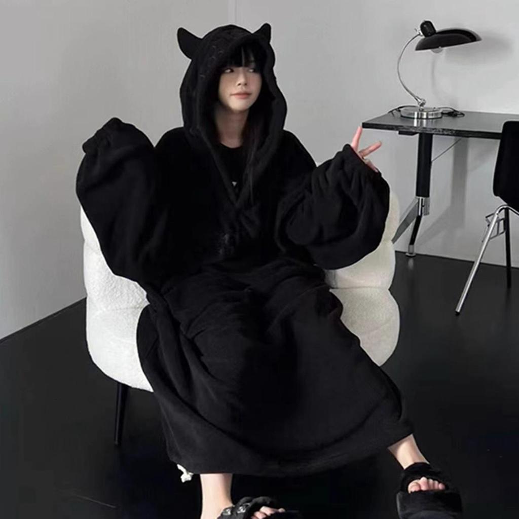 Winter Fall Little Devil Sleepwear Thickened Padded Pajamas Solid Color Homewear Loose Oversized Hooded Dresses Couple Robe One-piece Sleepwear