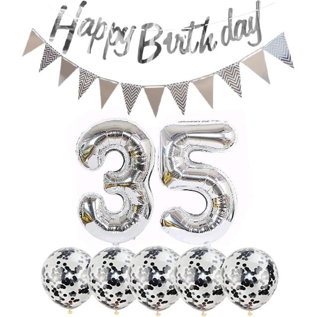 2 Balloons Number 35 + Happy Birthday Garland + Silver Banner foil Balloon 35th Birthday Decoration+5 Confetti Balloons boy Girl 35 Year Birthday