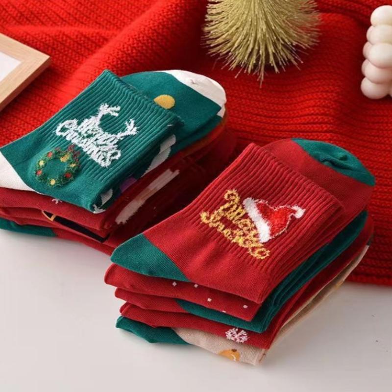 5 Paar Weihnachtsstrümpfe Weihnachtsmann Schneemann Weihnachtsbaum Socken Weihnachten Wadenlange Socken für Damen Herbst Winter Socken