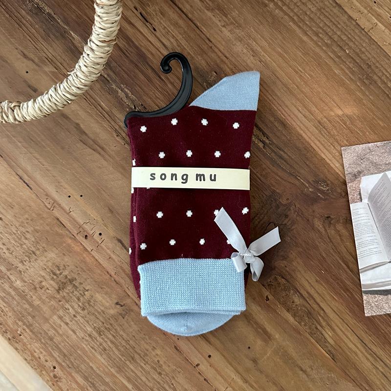 

10Pair Polka Dot Socks Women S Bow Retro Japanese Medium Tube Socks Style Girl Socks Spring And Autumn Contrasting Color Cotton Socks One size fits all
