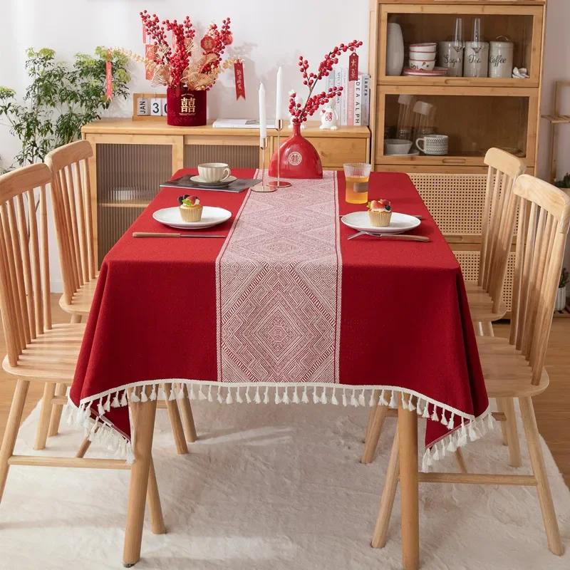 Fashion Vintage Tablecloth Tassel Red Color Jacquard Christmas Table Cloth Tablecloth End Table Mat Polyester Wedding Decoration