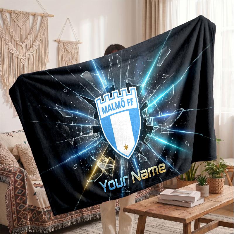 Malmö FF Personalized Fleece Blanket With Football Logo, Custom Name Text Soft Warm Home Throw Blanket
