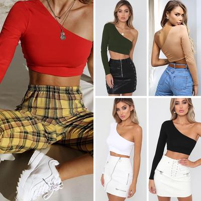 WISH Summer European and American Style Short-sleeved Sexy Women's Clothing Slanted Shoulder Long-sleeved Open-button Versatile Top