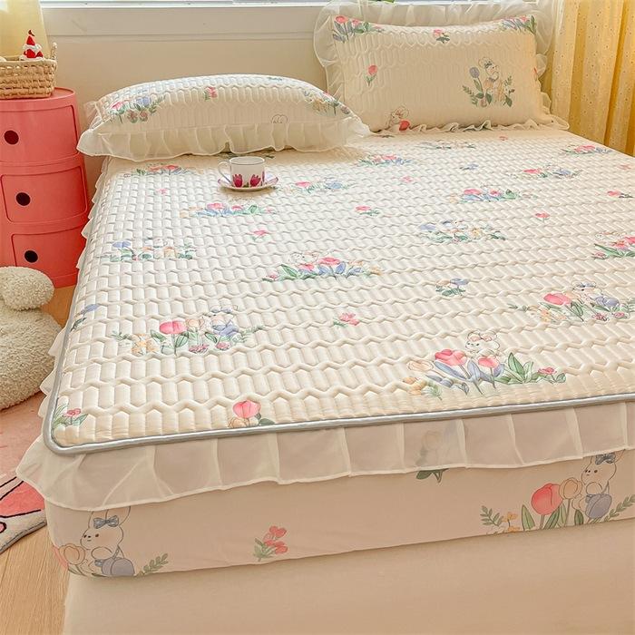 3-teiliges Sommer-Bettrock-Set für Mädchen aus Spitze, Latex, Kühler, weiche Matratzenunterlage, waschbar, Eisseide, Spannbettlaken-Set mit Kissenbezug