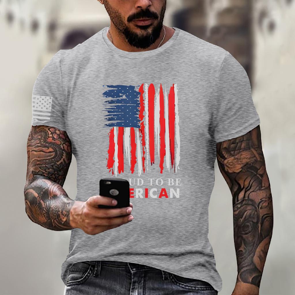 Men's Fashion Casual Short Sleeve Round Neck Independence Day Flag T-Shirt Top