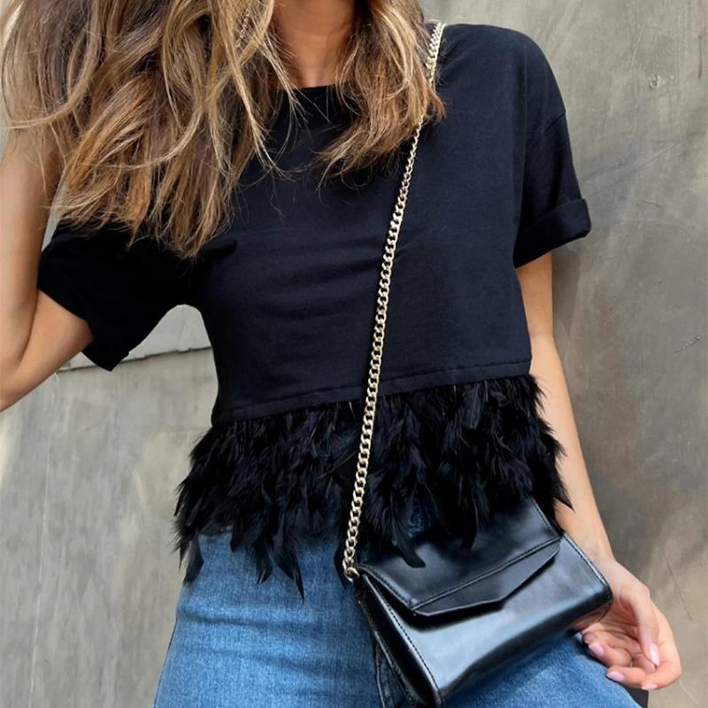 

Летняя белая футболка с короткими рукавами и перьями, женские облегающие элегантные укороченные футболки с круглым вырезом, женские повседневные однотонные офисные женские футболки 24320 S