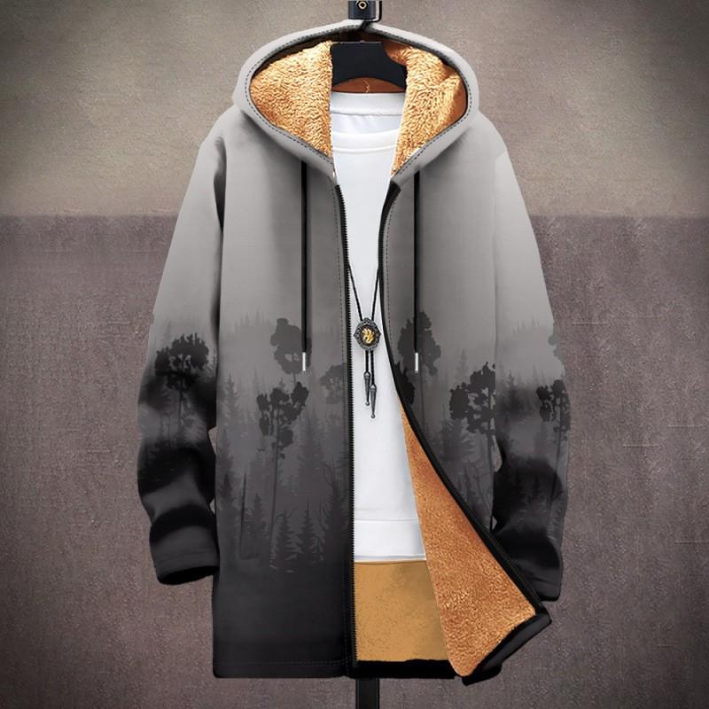 Winter Hooded Zip-up Cotton Jacket Teens British Style 3D Print Fleece Lined Loose Fit Outdoor Wear