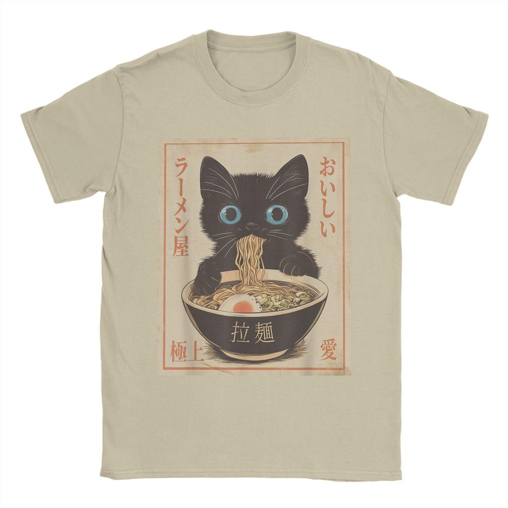 Japanese Black Cat Ramen T-Shirts Men Kawaii Noodle Cat Vintage Pure Cotton Tees O Neck Short Sleeve T Shirts Gift Idea Tops