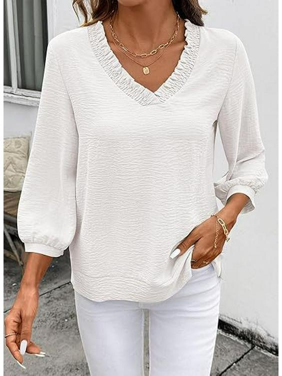 Women's V-Neck Ruffled Blouse - 3/4 Sleeve Loose Casual Shirt