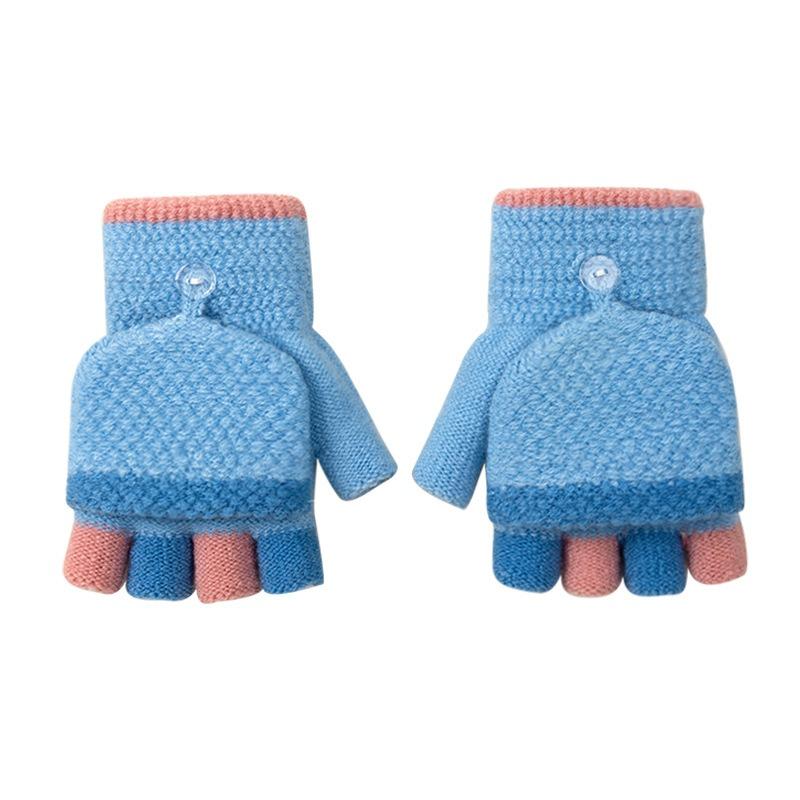 Gestreifte gestrickte doppellagige verdickte warme Halbfinger-Kindergarten-Jungen- und Mädchen-Winterkälte-Kinder-Klapphandschuhe