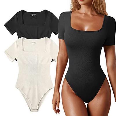 Women's Square Neck Bodysuit Ribbed Short Sleeve Sports Yoga Shapewear