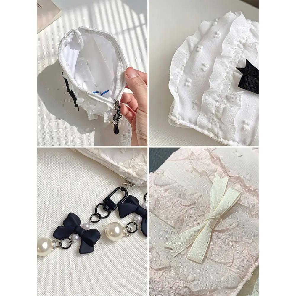 Cute Bow Girls Storage Bag Solid Color Soft Coin Purse Lipstick Headphone Bag Large Capacity Lace Clutch Bag