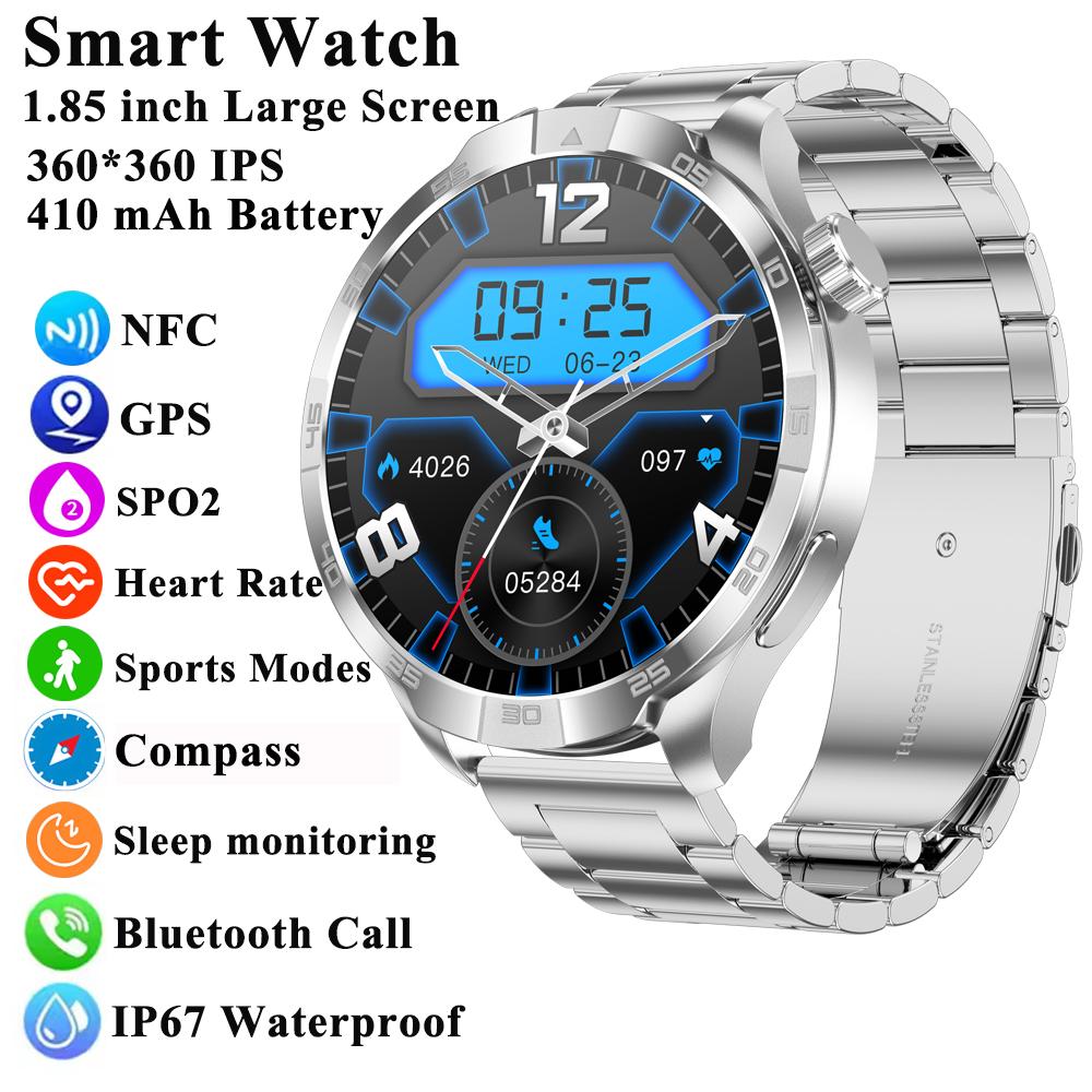 New Business Smart Watch Men 1.85" Ultra HD Bluetooth Call 410 mAh Blood Pressure Blood Oxygen GPS Track Compass NFC SmartWatch